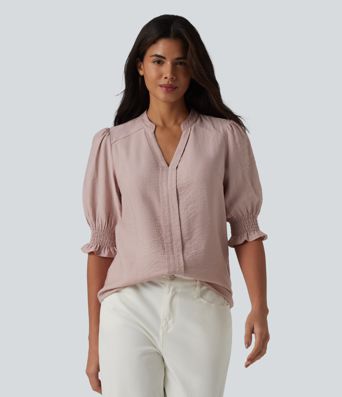 V Neck Puff Short Sleeve Casual Blouse