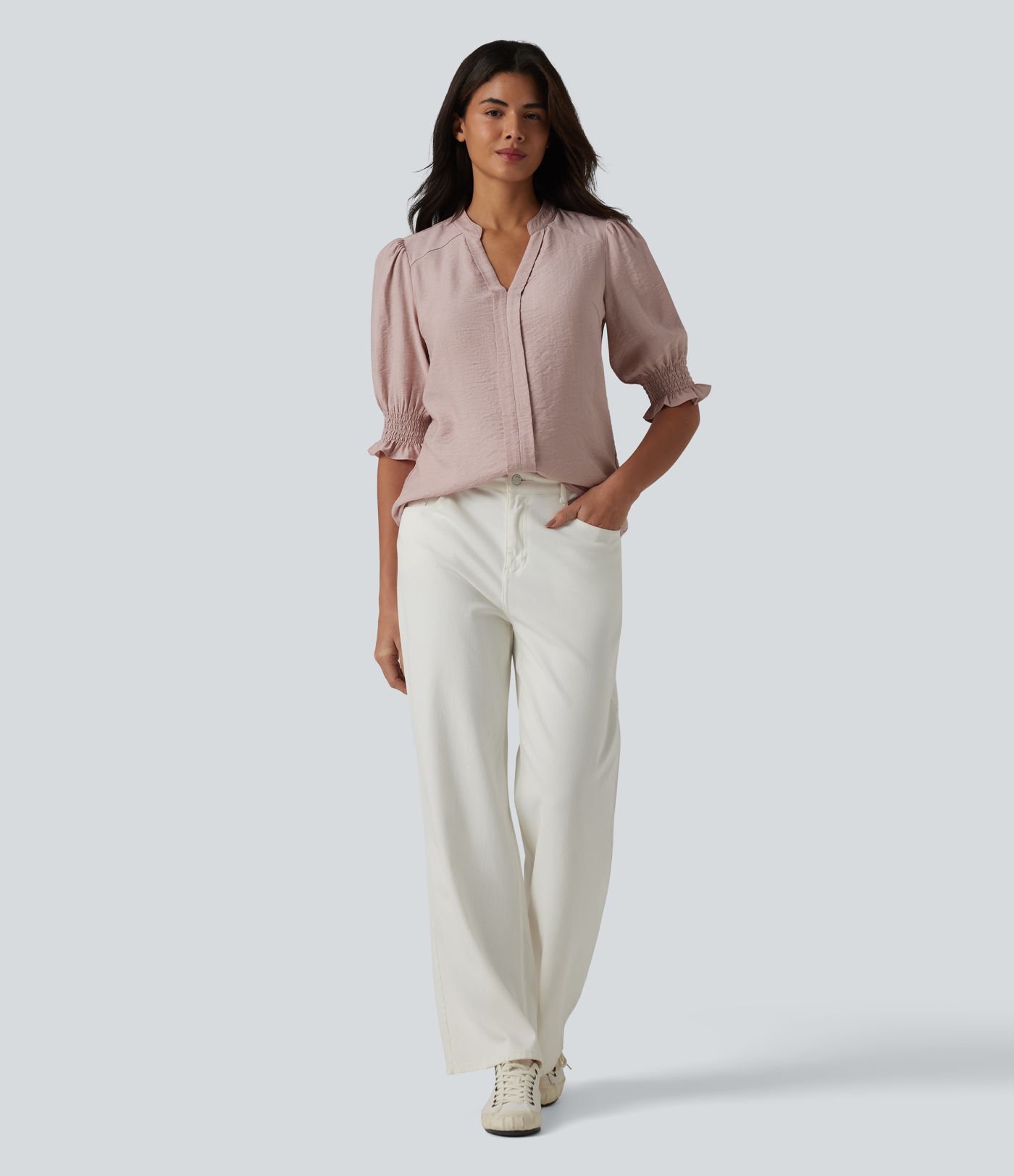 V Neck Puff Short Sleeve Casual Blouse