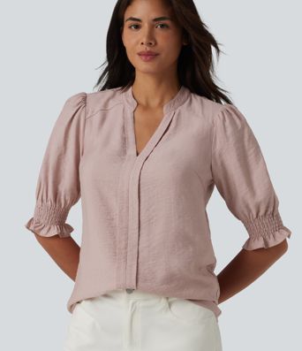 V Neck Puff Short Sleeve Casual Blouse