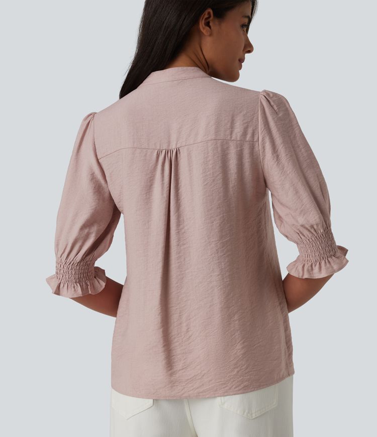 V Neck Puff Short Sleeve Casual Blouse