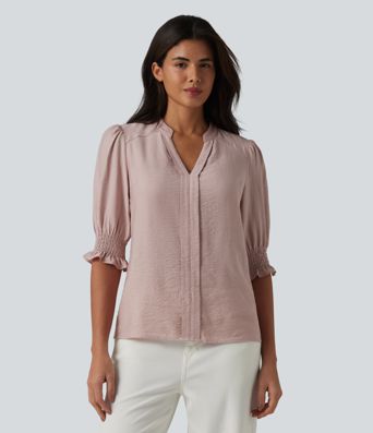 V Neck Puff Short Sleeve Casual Blouse