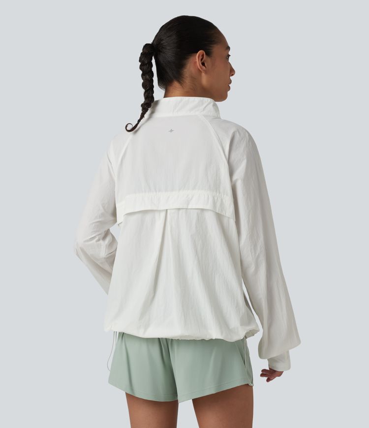 Stand Collar Thumb Holes Drawstring Hem Casual Windbreaker Jacket with Pockets