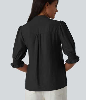 V Neck Puff Short Sleeve Casual Blouse