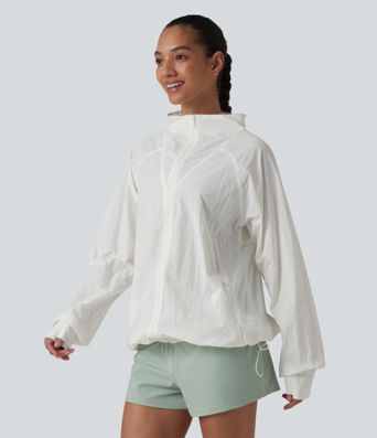 Stand Collar Thumb Holes Drawstring Hem Casual Windbreaker Jacket with Pockets