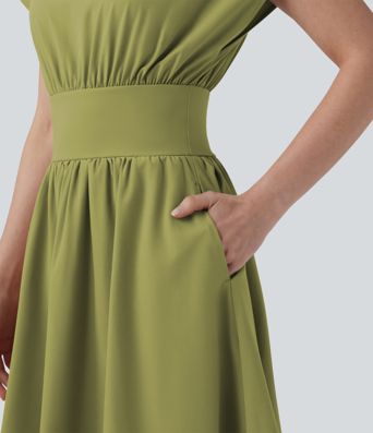 Robe de travail mini Breezeful™ manches chauve-souris courtes fluide séchage rapide avec poches latérales