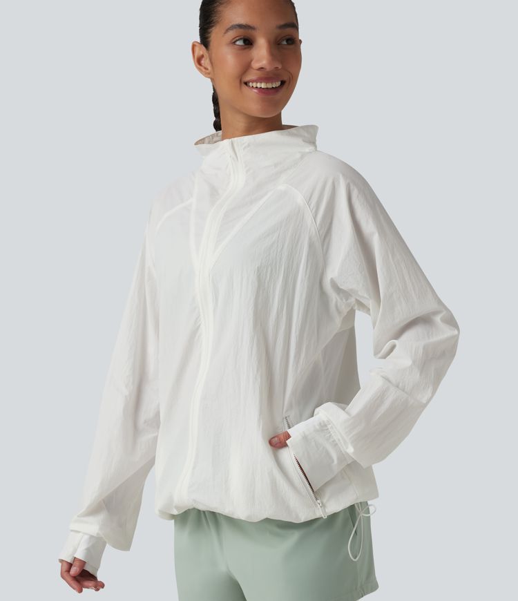 Stand Collar Thumb Holes Drawstring Hem Casual Windbreaker Jacket with Pockets