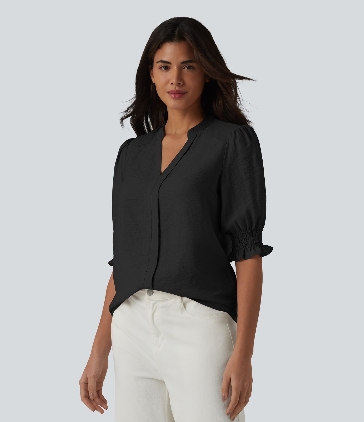 V Neck Puff Short Sleeve Casual Blouse