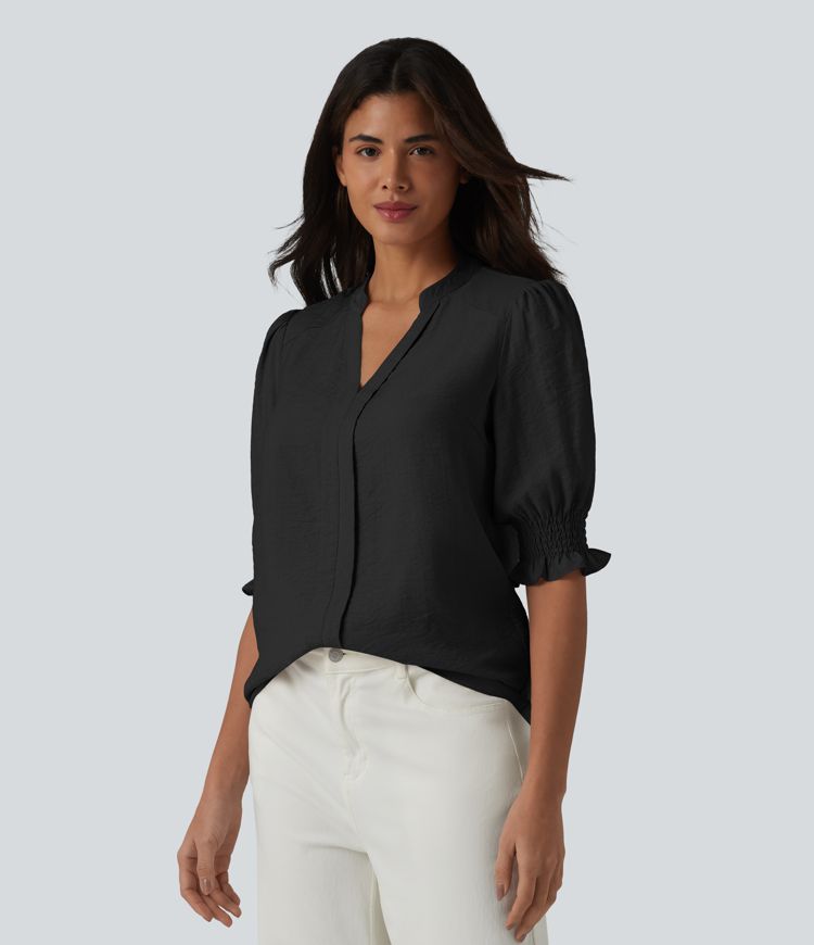 V Neck Puff Short Sleeve Casual Blouse