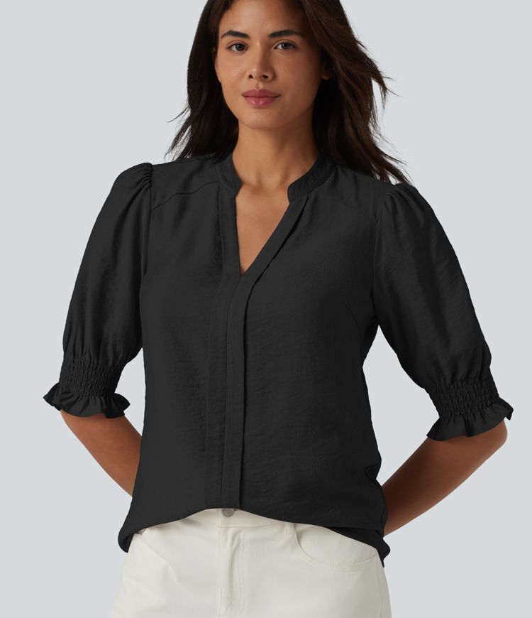 V Neck Puff Short Sleeve Casual Blouse