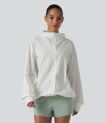 Stand Collar Thumb Holes Drawstring Hem Casual Windbreaker Jacket with Pockets