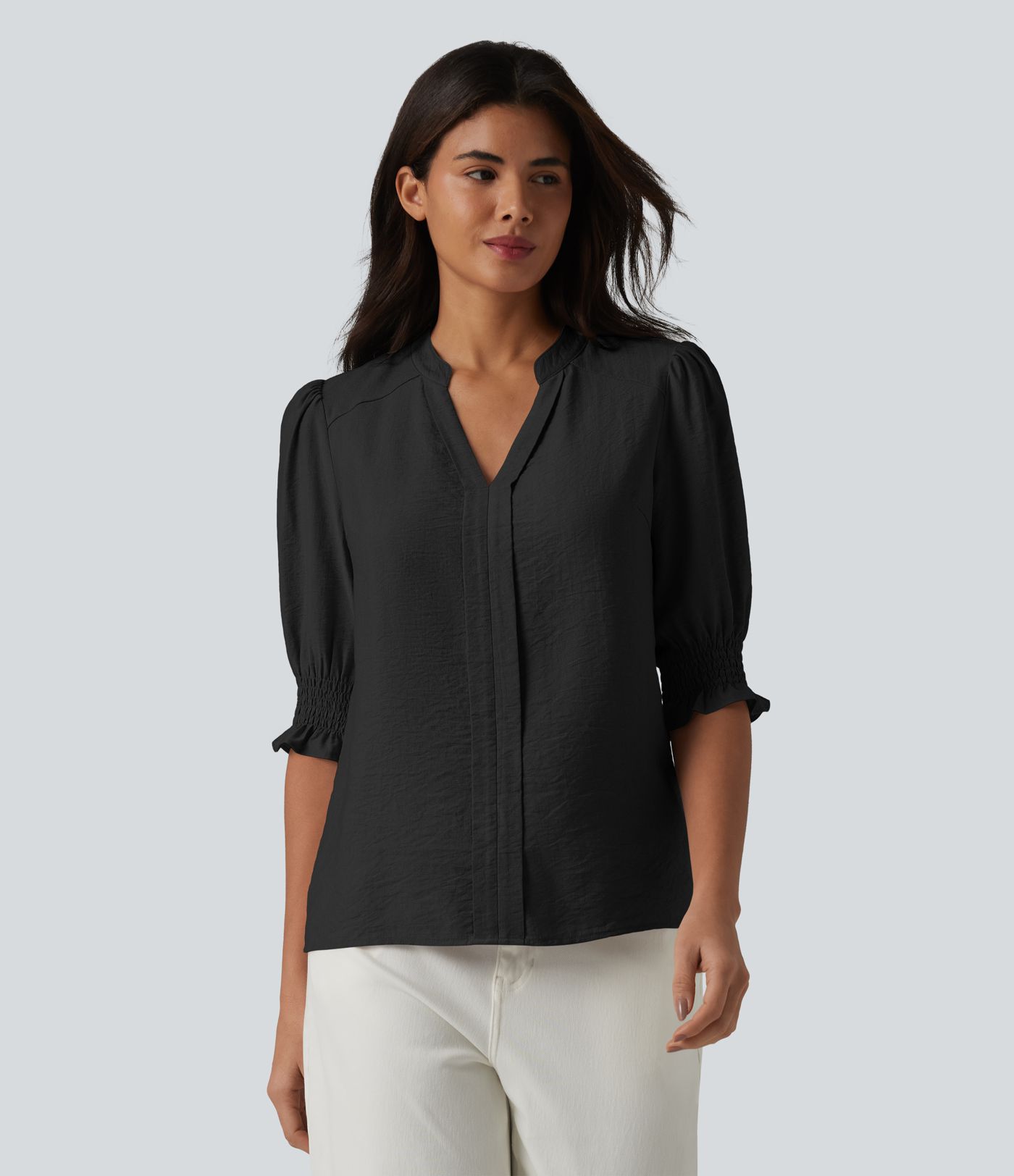 V Neck Puff Short Sleeve Casual Blouse