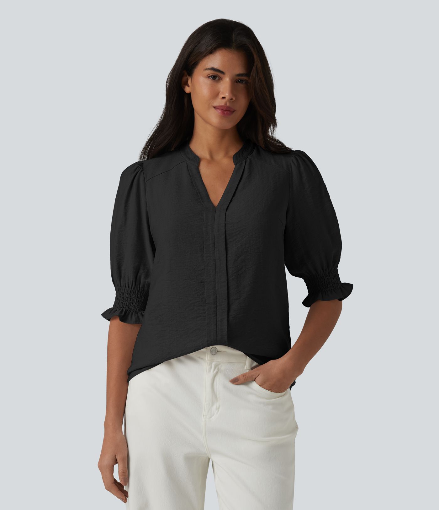 V Neck Puff Short Sleeve Casual Blouse