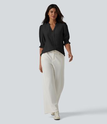 V Neck Puff Short Sleeve Casual Blouse