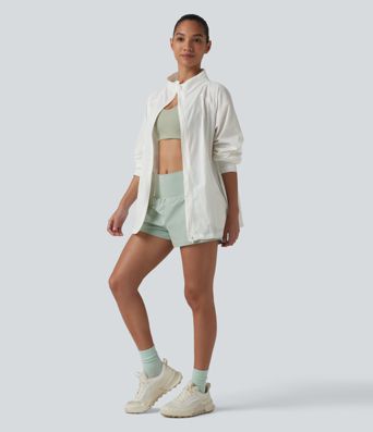 Stand Collar Thumb Holes Drawstring Hem Casual Windbreaker Jacket with Pockets