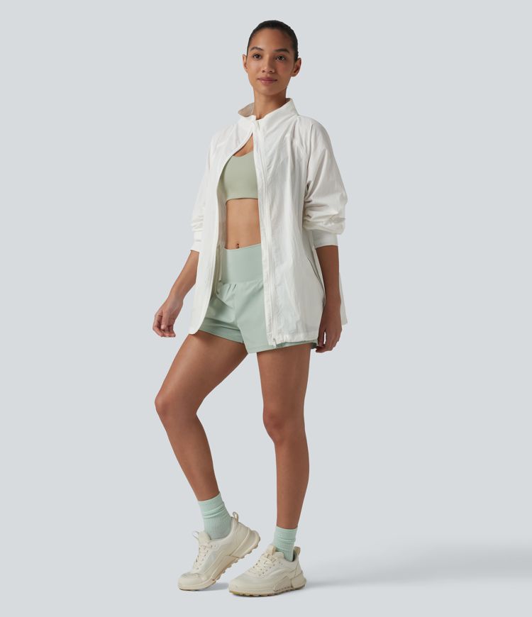 Stand Collar Thumb Holes Drawstring Hem Casual Windbreaker Jacket with Pockets