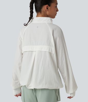 Stand Collar Thumb Holes Drawstring Hem Casual Windbreaker Jacket with Pockets