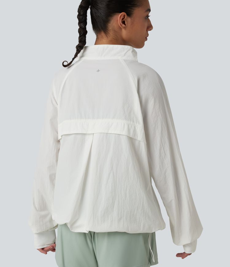 Stand Collar Thumb Holes Drawstring Hem Casual Windbreaker Jacket with Pockets