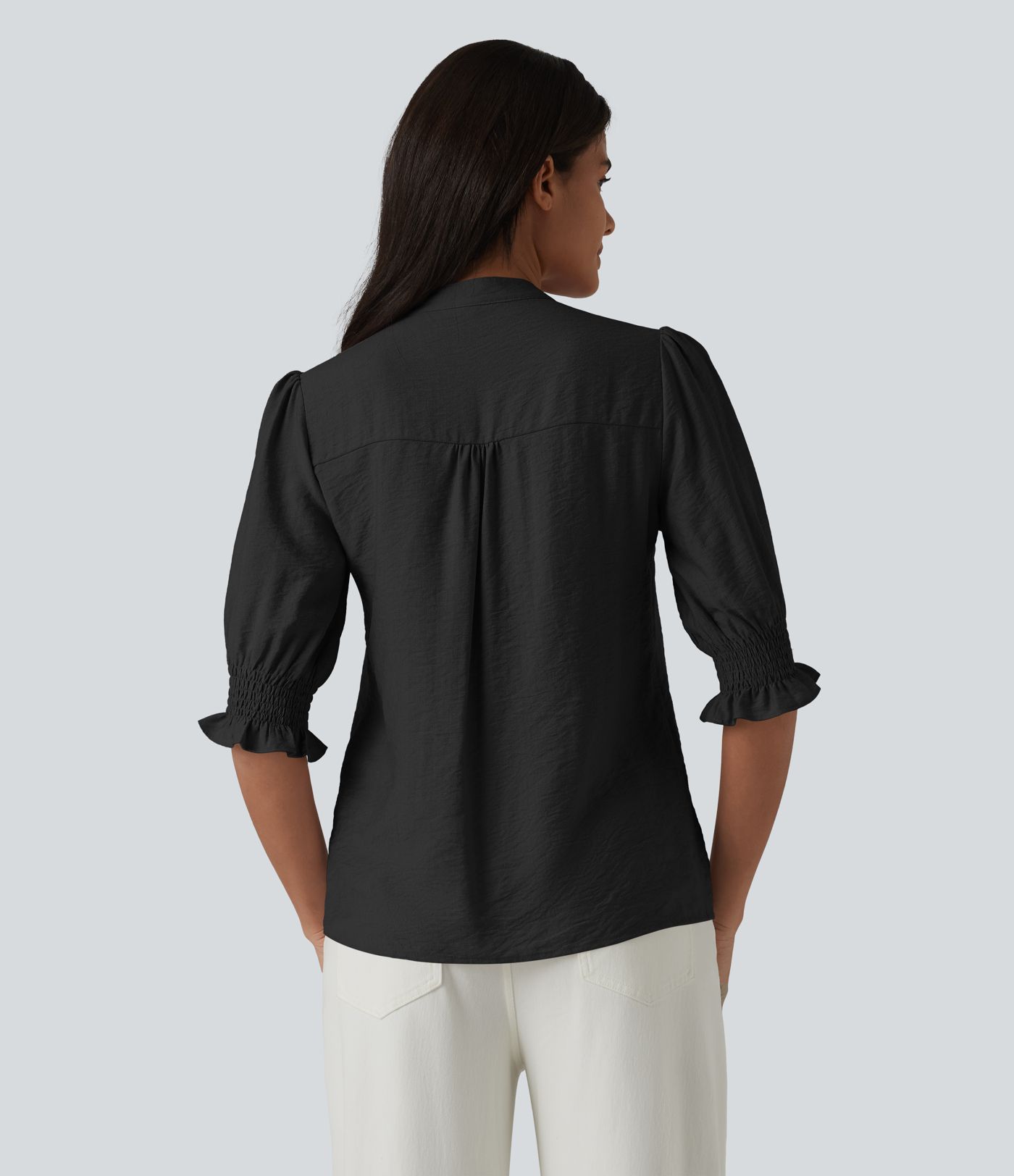 V Neck Puff Short Sleeve Casual Blouse