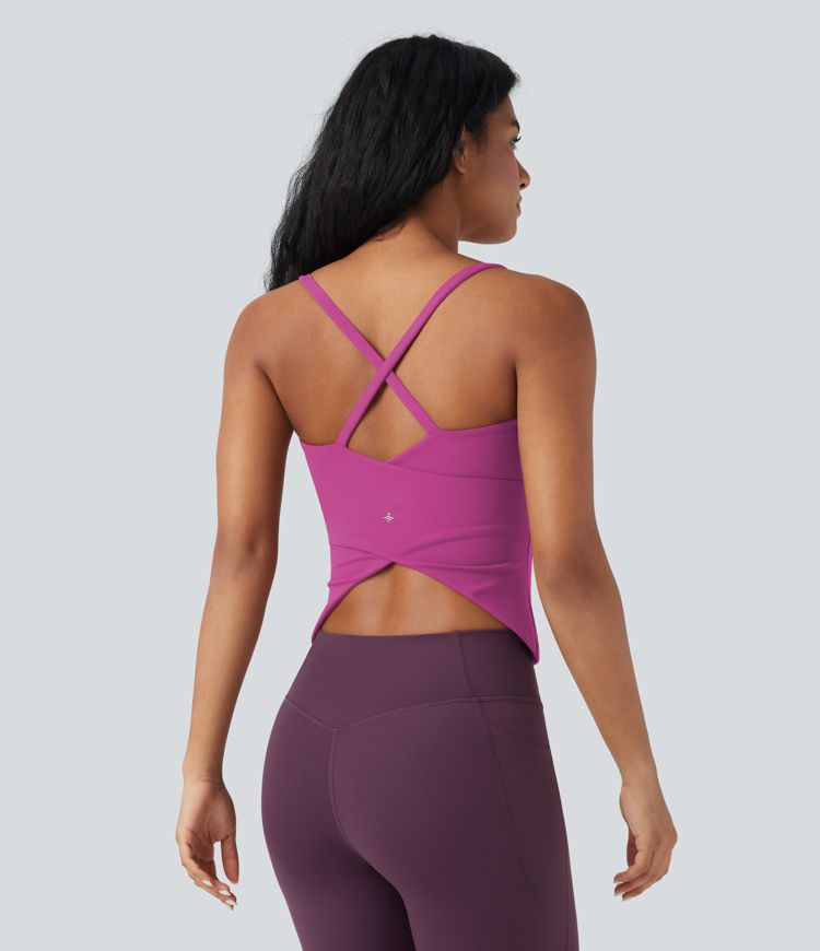 Scoop Neck Crisscross Back Crossover Hem Yoga Cami Top
