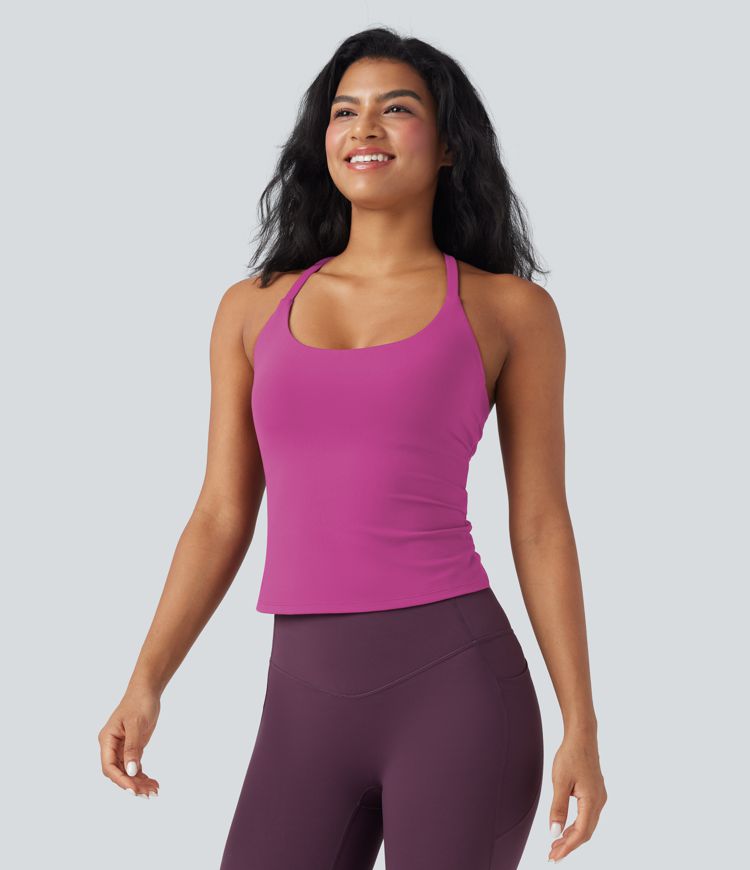 Scoop Neck Crisscross Back Crossover Hem Yoga Cami Top