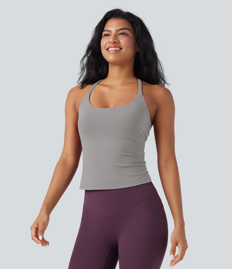 Scoop Neck Crisscross Back Crossover Hem Yoga Cami Top