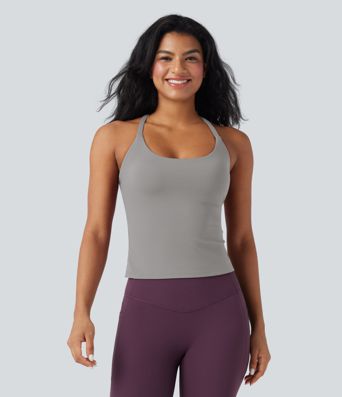 Scoop Neck Crisscross Back Crossover Hem Yoga Cami Top