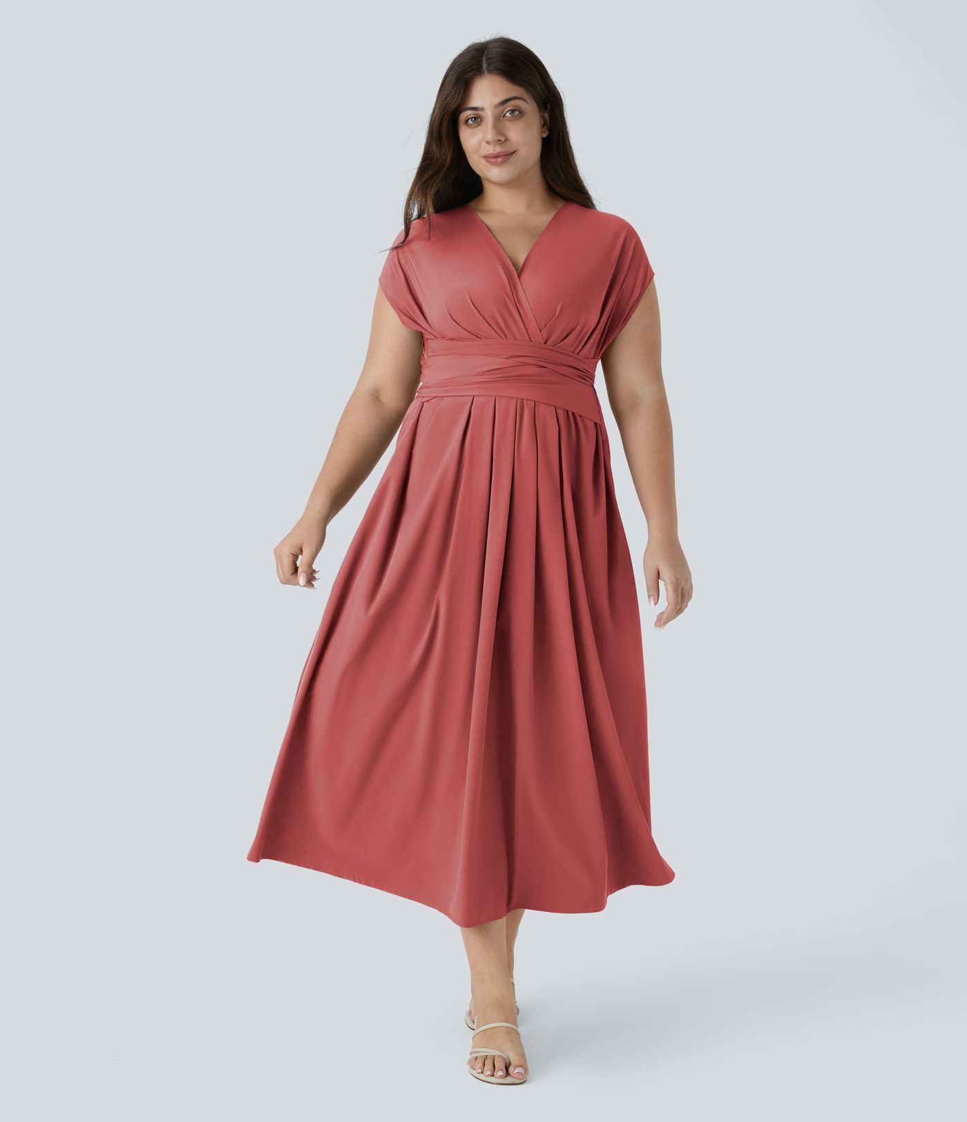 Breezeful™ Sukienka w Serek z Krótkim Rękawem, z Kieszenią, Wiązana z Tyłu, Midi, Casualowa, w Dużych Rozmiarach