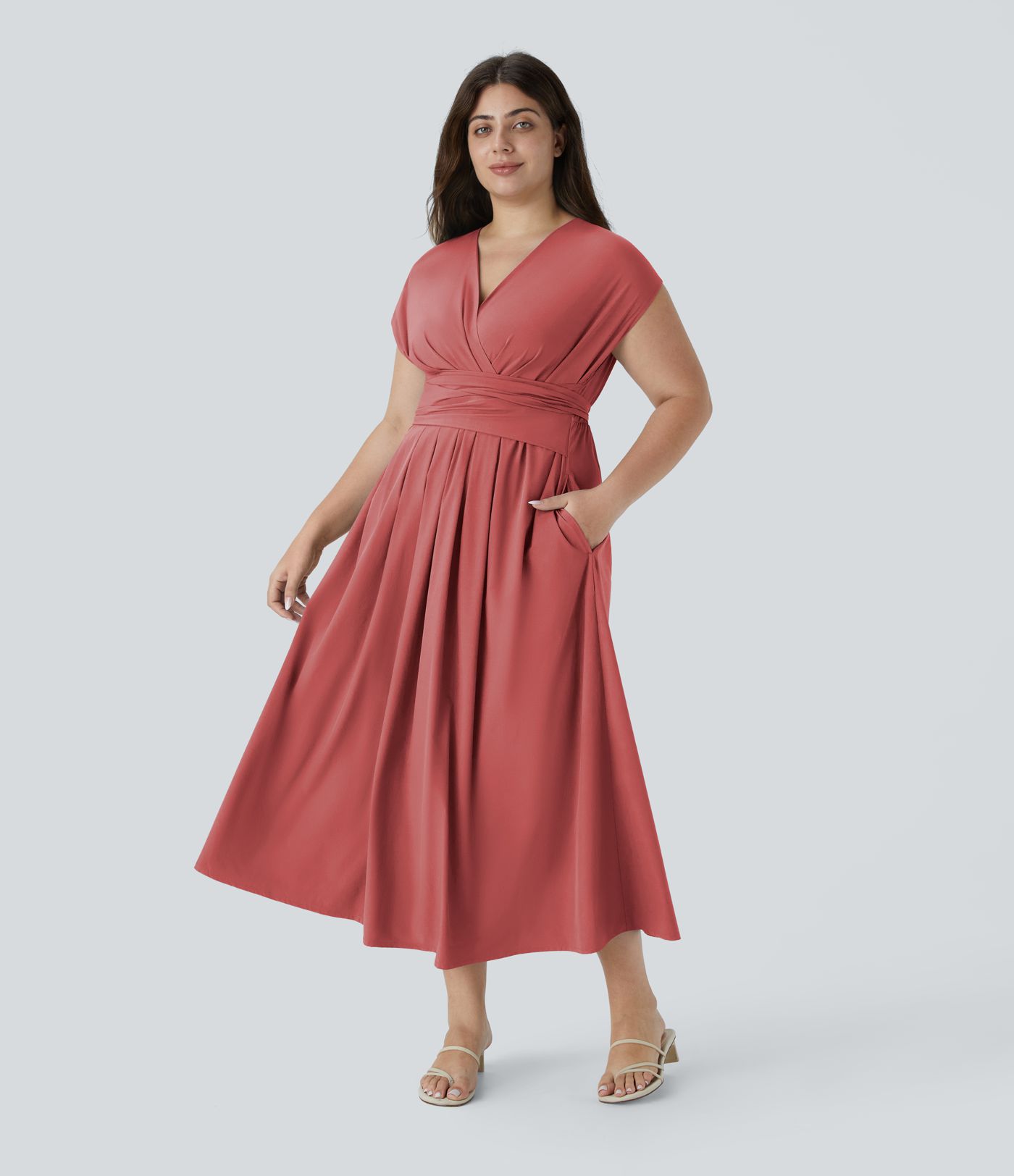 Breezeful™ Sukienka w Serek z Krótkim Rękawem, z Kieszenią, Wiązana z Tyłu, Midi, Casualowa, w Dużych Rozmiarach