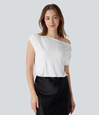Body asymétrique à col drapé et boutons pour le bureau