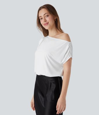 Body asymétrique à col drapé et boutons pour le bureau
