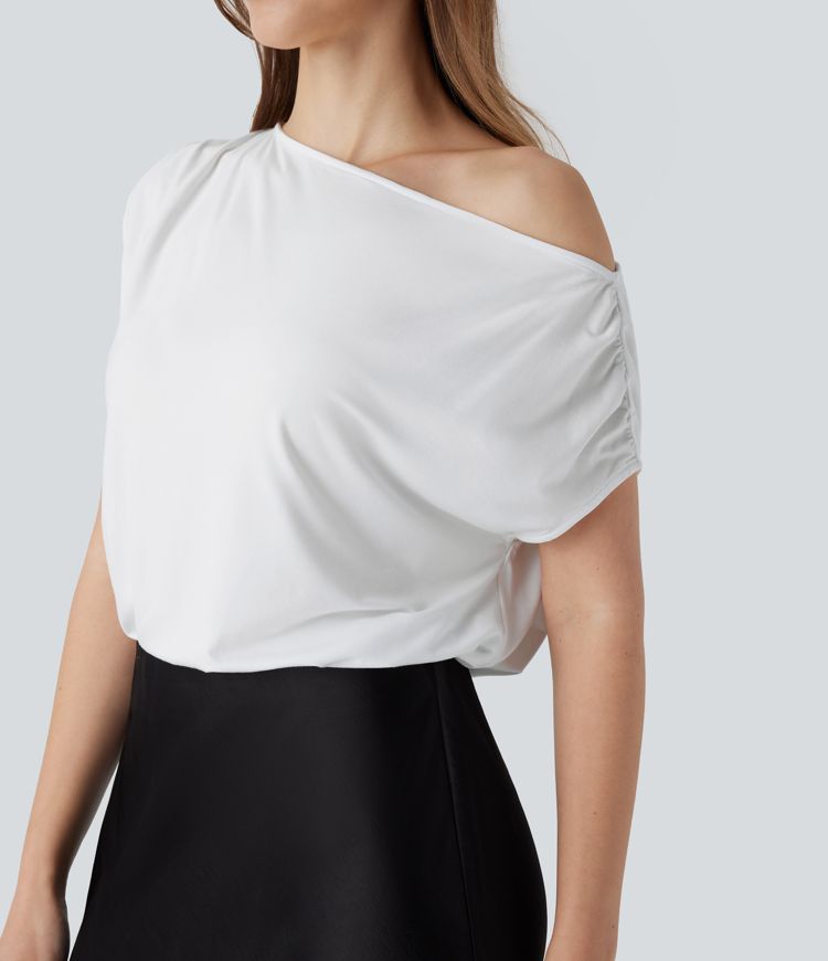 Body asymétrique à col drapé et boutons pour le bureau