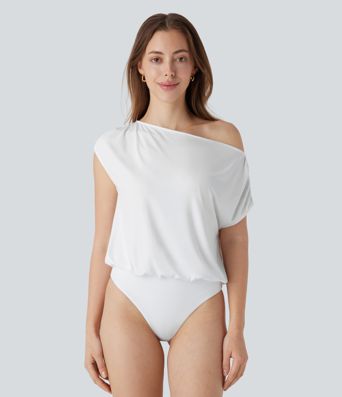 Body asymétrique à col drapé et boutons pour le bureau