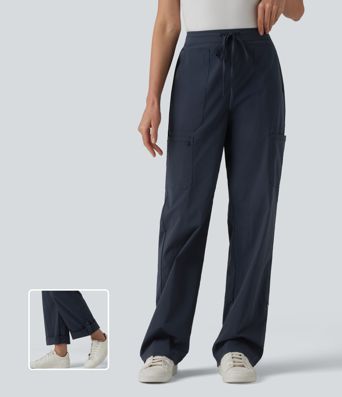 Mid Rise Drawstring Adjustable Pant Length Casual Straight Leg Cargo Pants with Pockets