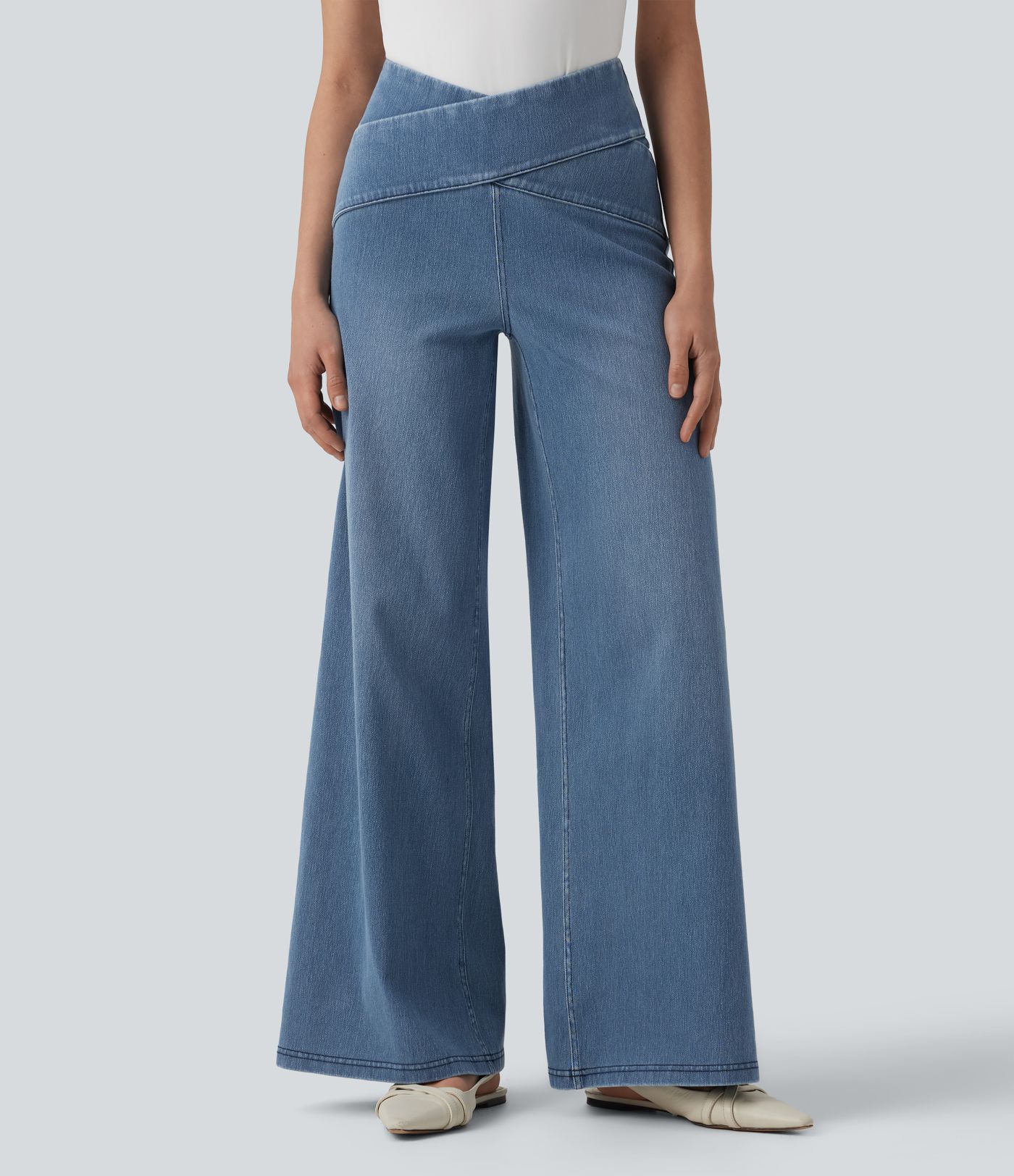 Halara Flex™ Crossover High Waisted Tummy Control Casual Wide Leg Jeans with Pockets