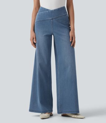 Halara Flex™ Crossover High Waisted Tummy Control Casual Wide Leg Jeans with Pockets