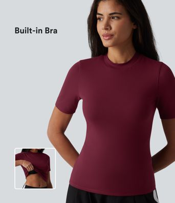 Round Neck Short Sleeve Built-in Bra Casual T-Shirt