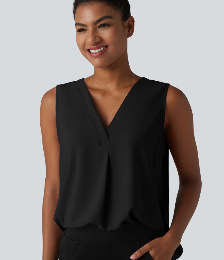 Wrinkle-Resistant V Neck Sleeveless Oversized Work Blouse