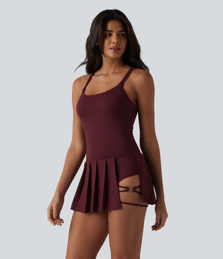 Crisscross Backless U-Neck Pleated Asymmetric Hem Mini 2-in-1 Built-in Bra Dance Active Slip Dress with Pockets