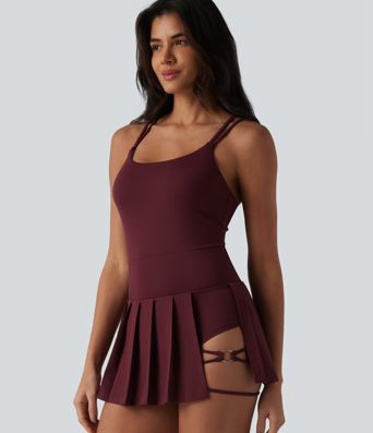 Crisscross Backless U-Neck Pleated Asymmetric Hem Mini 2-in-1 Built-in Bra Dance Active Slip Dress with Pockets