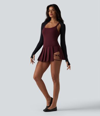 Crisscross Backless U-Neck Pleated Asymmetric Hem Mini 2-in-1 Built-in Bra Dance Active Slip Dress with Pockets