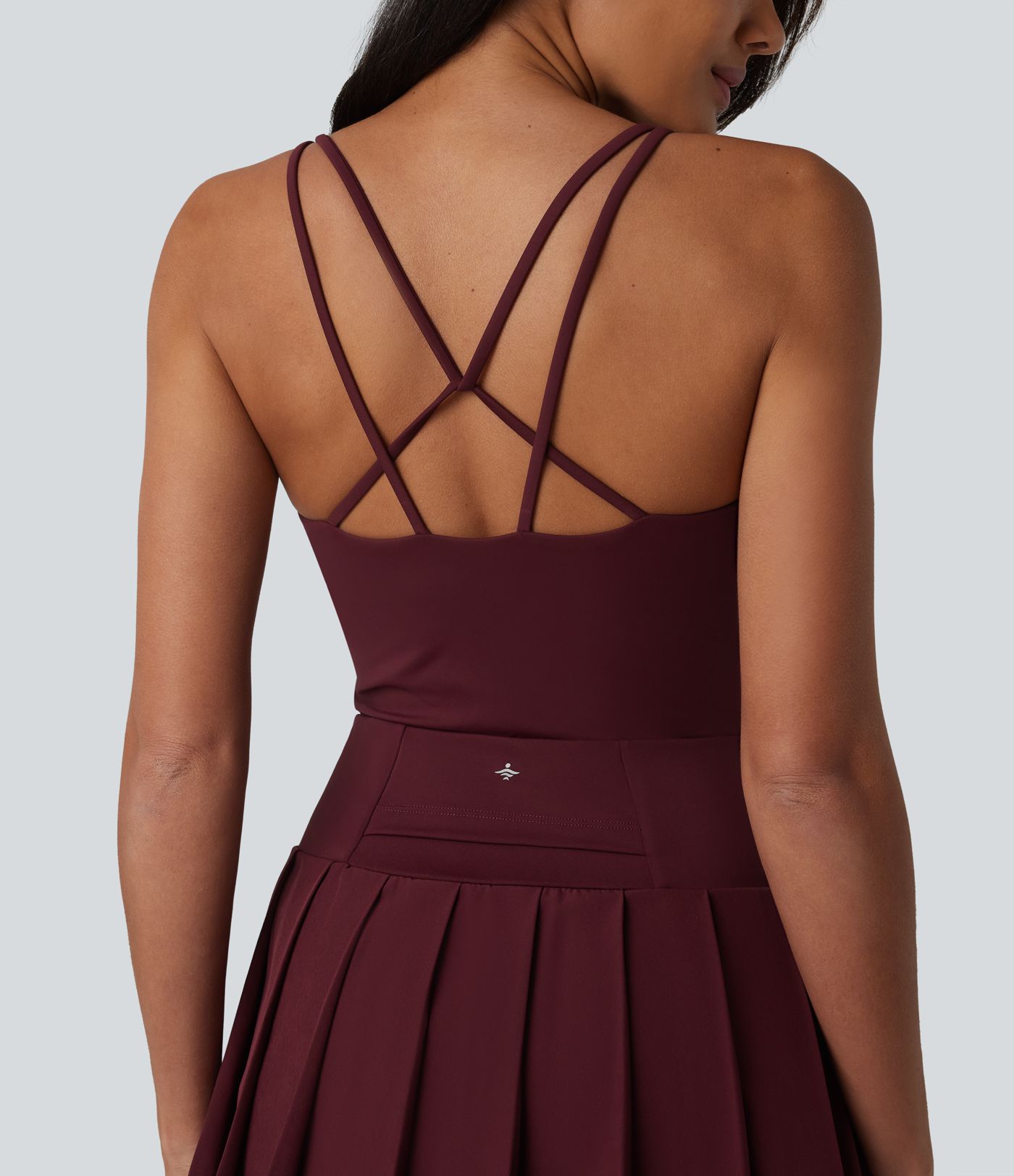 Crisscross Backless U-Neck Pleated Asymmetric Hem Mini 2-in-1 Built-in Bra Dance Active Slip Dress with Pockets