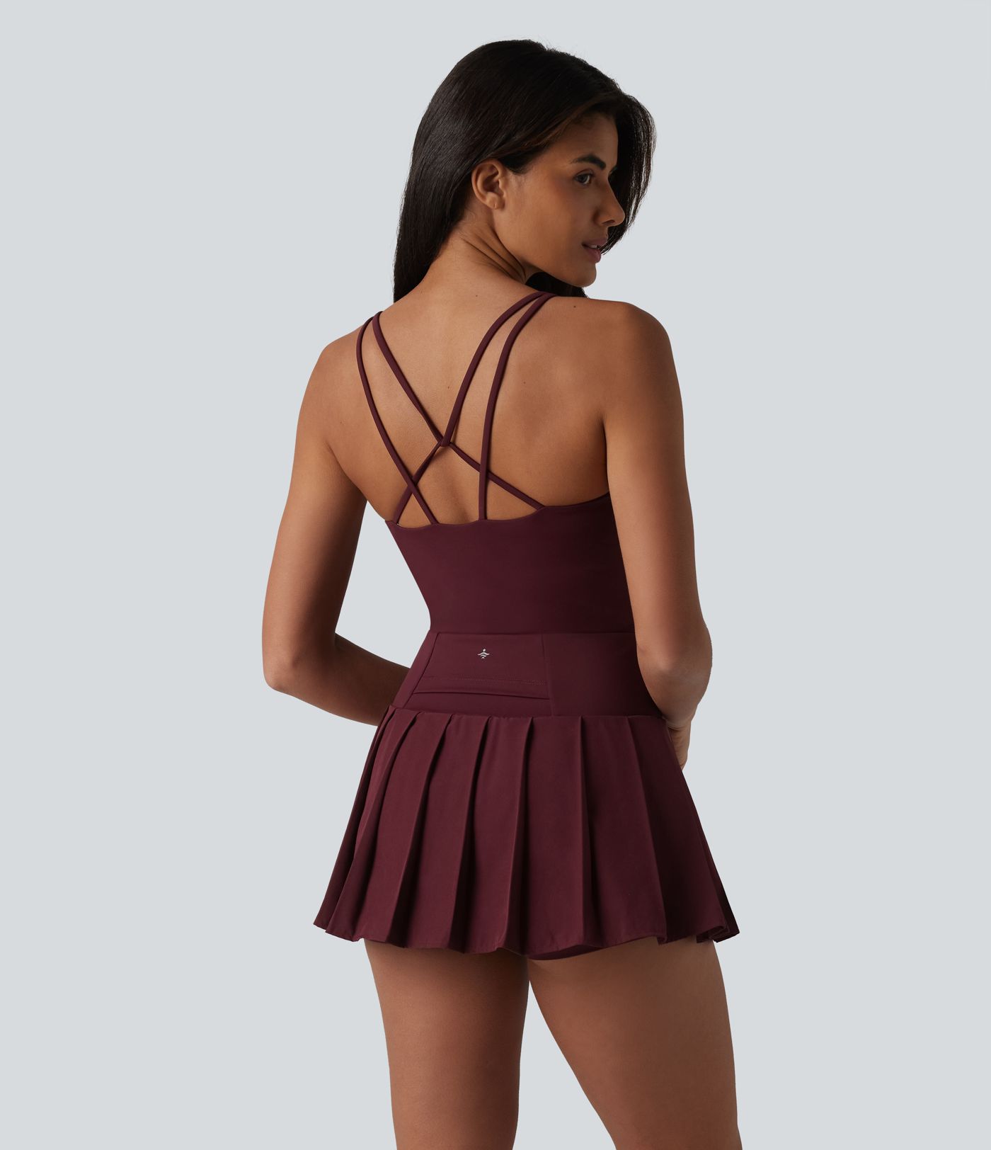 Crisscross Backless U-Neck Pleated Asymmetric Hem Mini 2-in-1 Built-in Bra Dance Active Slip Dress with Pockets