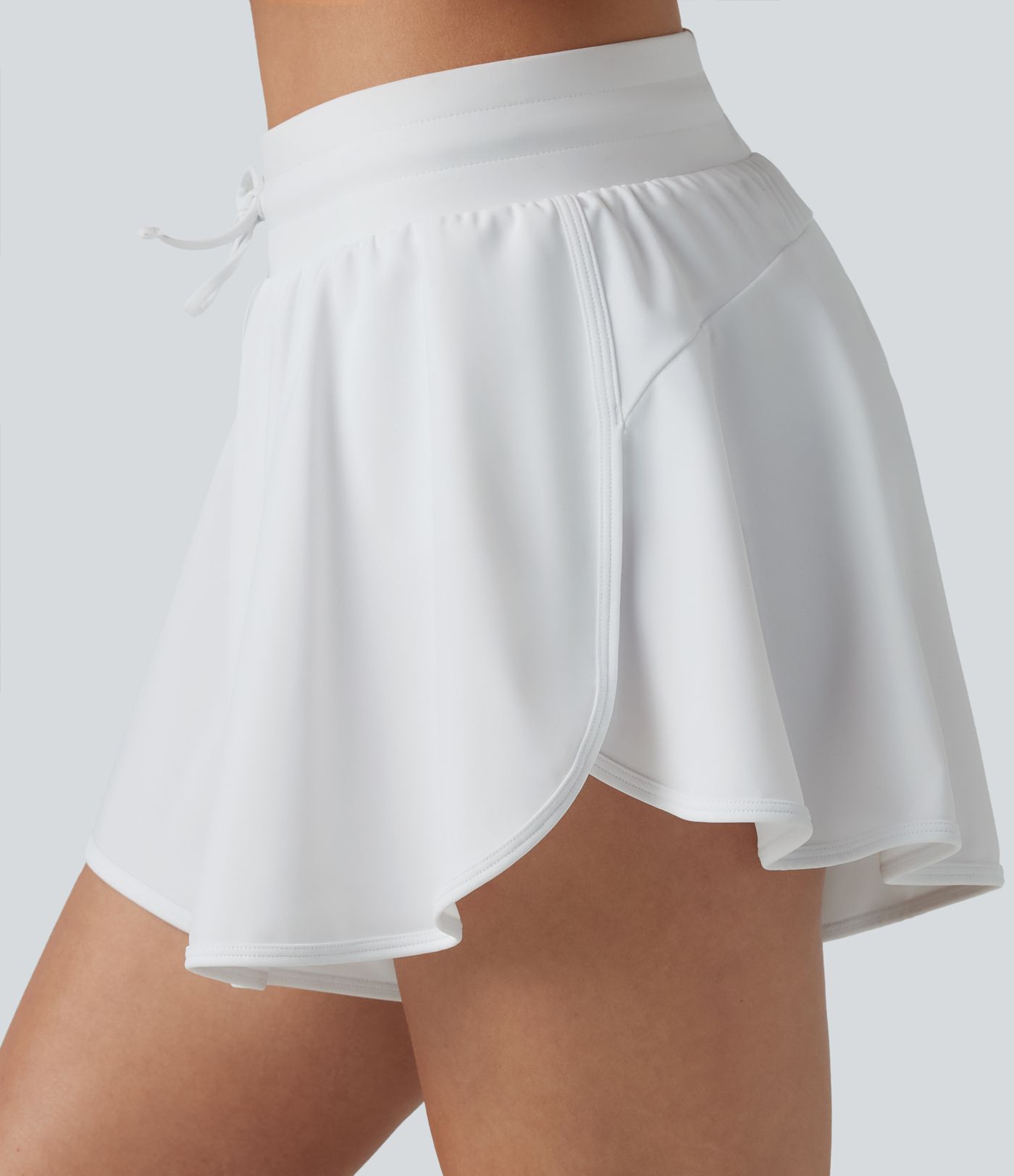 Mid Rise Drawstring Split Curved Hem 2-in-1 Bikini Shorts with Pockets