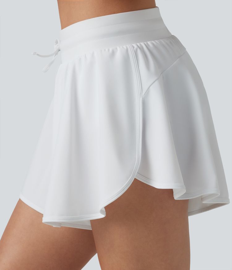 Mid Rise Drawstring Split Curved Hem 2-in-1 Bikini Shorts with Pockets