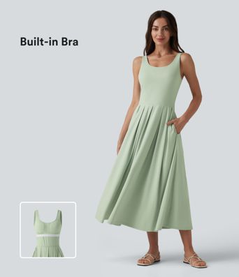 U Neck Built-in Bra Flowy Midi Casual Tank Dress with Pockets