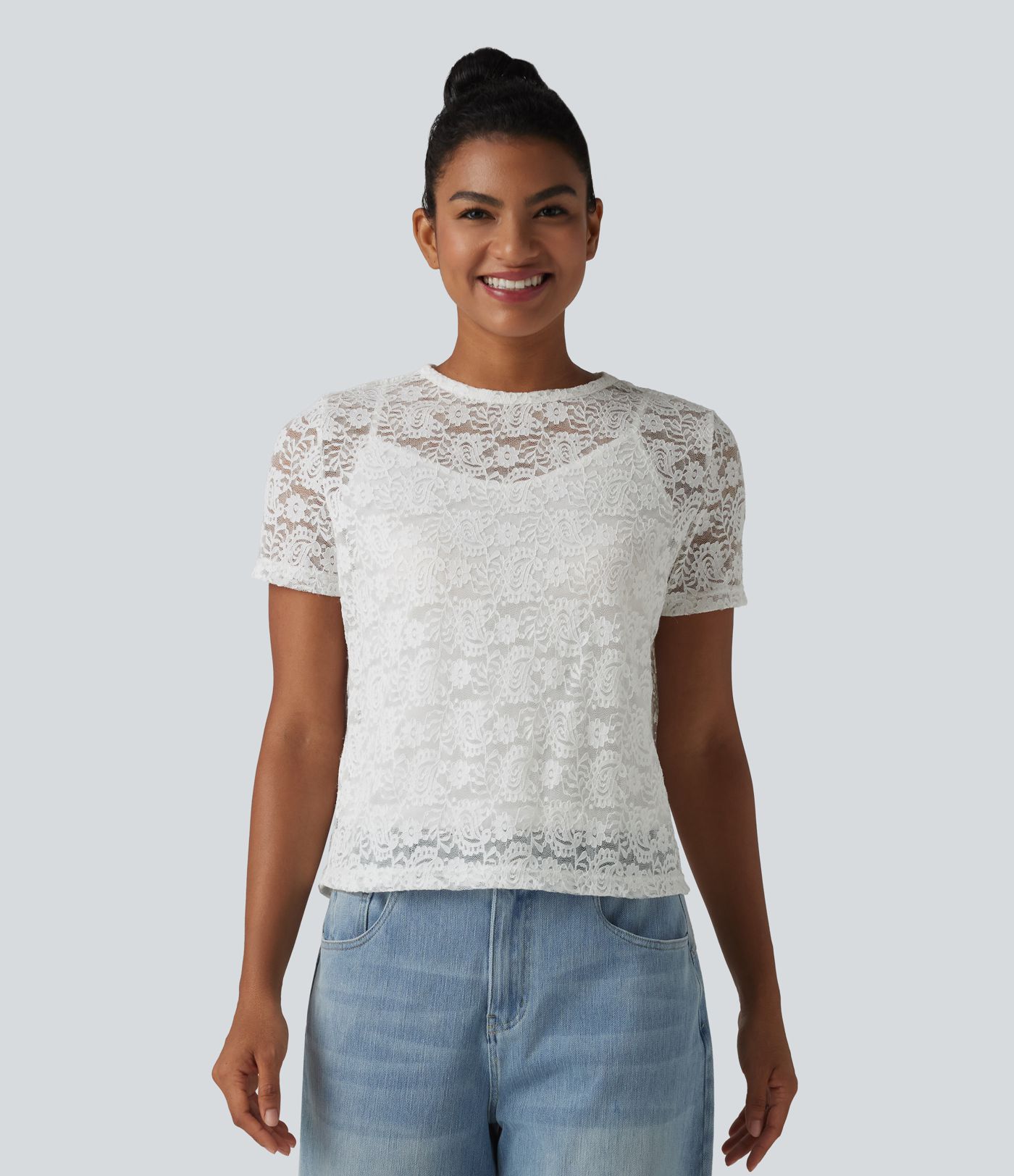 Round Neck Short Sleeve Lace 2-in-1 Casual T-Shirt