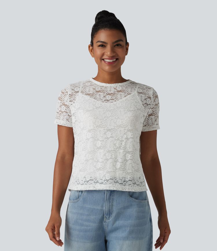 Round Neck Short Sleeve Lace 2-in-1 Casual T-Shirt