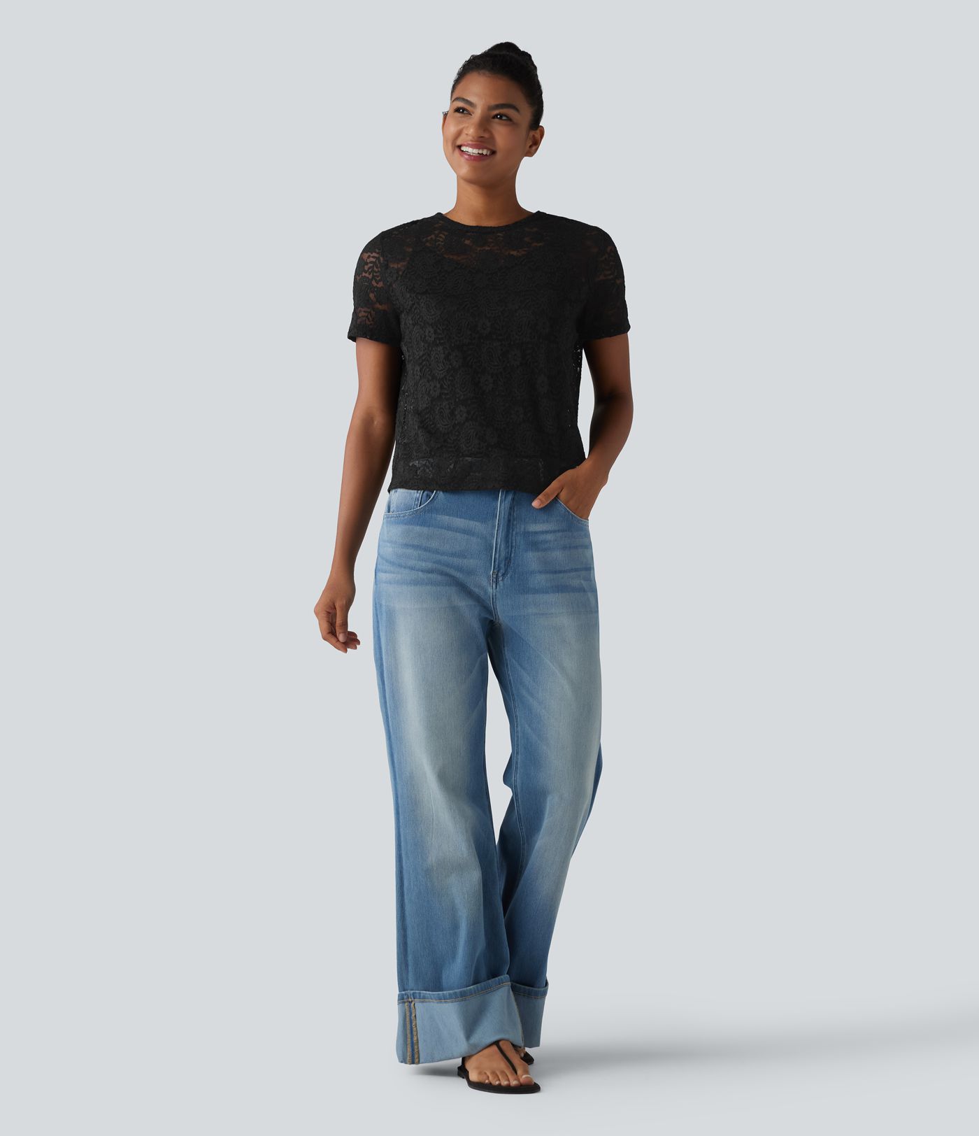 Round Neck Short Sleeve Lace 2-in-1 Casual T-Shirt