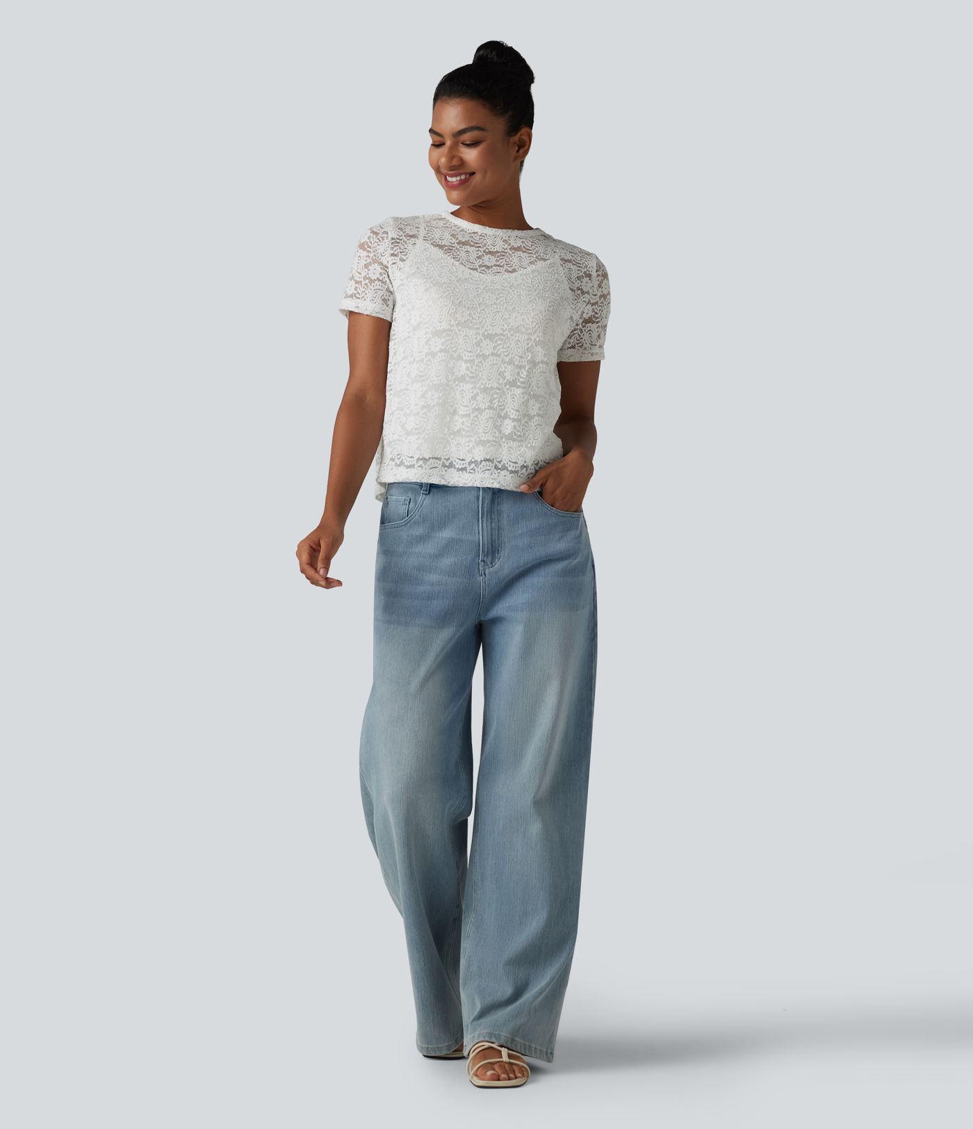 Round Neck Short Sleeve Lace 2-in-1 Casual T-Shirt