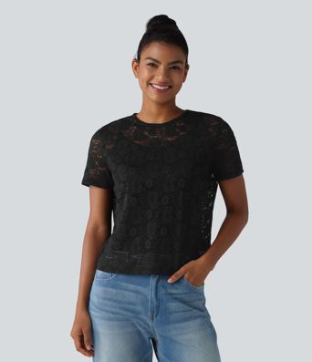 Round Neck Short Sleeve Lace 2-in-1 Casual T-Shirt